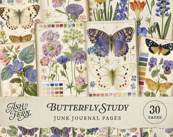 Vintage Schmetterling Studie druckbare Junk Journal Seiten, botanische Insekt Collage Papiere, florale Natur Ephemera für Scrapbooking & Crafts JPG