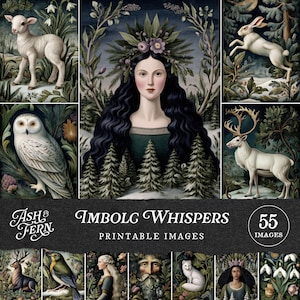 Imbolc Junk Journal Kit: Printable Witchy Winter Forest Goddess, Snowdrop, Lamb, White Stag, Owl Ephemera Images, Scrapbook Paper Crafts JPG