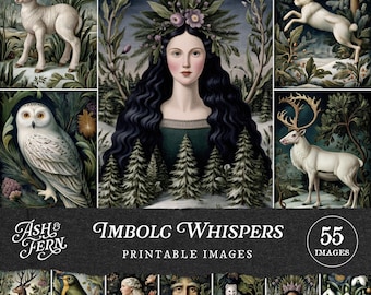 Pode incluir: Uma coleção de 55 imagens imprimíveis com tema de inverno. As imagens incluem uma mulher com cabelo longo e preto, um cordeiro, um coelho, uma coruja e um veado. O texto "Imbolg Whispers" e "Ash & Fern" também é visível.