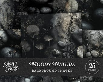 Dark Nature Printable Backgrounds, Moody Forest Stone Leaf & Botanical Flower Herb Textures for Junk Journal Scrapbook Collage Crafts JPG