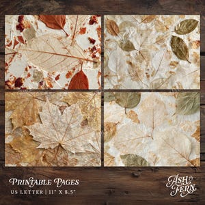 May include: Four rectangular sheets of handmade paper featuring embedded dried leaves in shades of brown, tan, and cream. The paper has a textured, fibrous appearance with visible leaf veins and organic patterns. Text reads: Printable Pages US Letter 11" x 8.5".