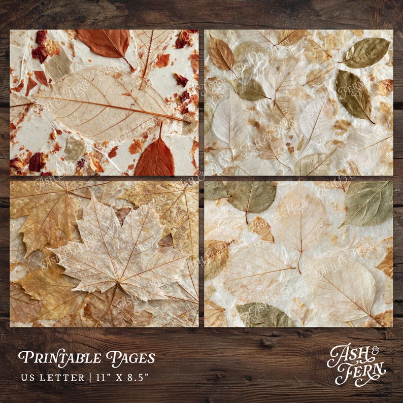 May include: Four rectangular sheets of handmade paper featuring embedded dried leaves in shades of brown, tan, and cream. The paper has a textured, fibrous appearance with visible leaf veins and organic patterns. Text reads: Printable Pages US Letter 11" x 8.5".