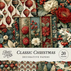 Kit classico per diario natalizio, carte decorative, pagine con motivi floreali verdi e rossi, kit collage di album digitali stampabili