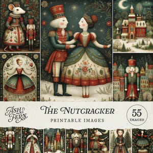 May include: A set of digital art prints depicting scenes from The Nutcracker ballet. The images include a mouse, a nutcracker, and a couple in traditional costumes, with a vintage style. The text "The Nutcracker Printable Images" is displayed on the image.