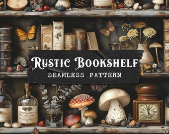 Dark Academia Bookshelf with Mushrooms, Potions & Insects Printable Seamless Pattern, Digital Paper Background Fabric Design Repeat File JPG