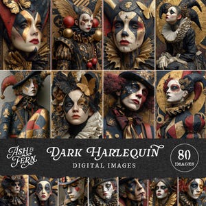 Feuille de collage numérique Arlequin foncé, portraits de bouffon mascarade, visages gothiques de carnaval, art du cirque baroque à imprimer, clowns éphémères, A4