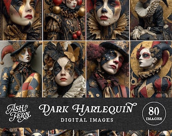 Dark Harlequin Digital Collage Sheet, Masquerade Jester Portraits, Gothic Carnival Faces, Baroque Circus Art Printable, Clown Ephemera, A4