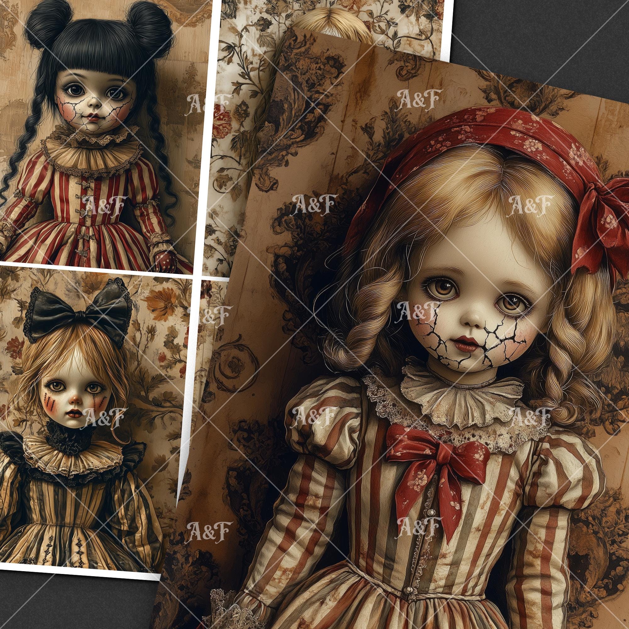 Creepy Vintage Halloween Doll Art: Gothic Ephemera Prints (digital