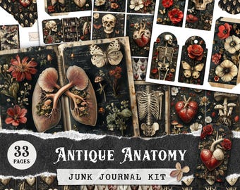Antique Anatomy Junk Journal Kit, Romantic Gothic Ephemera, Halloween Background, Dark Botanical Skull & Heart Vintage Medical Digital Paper