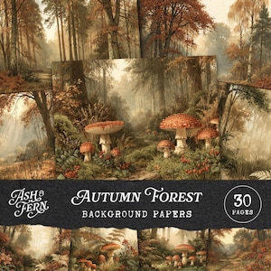 Może przedstawiać: Kolekcja 30 cyfrowych papierów tła o nazwie Ash & Fern Autumn Forest, zawierająca ilustracje gęstych lasów z wysokimi drzewami, mszystym podłożem i grzybami z czerwonymi kapeluszami w ciepłej, jesiennej palecie barw.