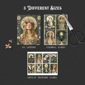 May include: Three different sizes of printable art featuring a woman with flowers in her hair and a moonlit forest. The text "3 DIFFERENT SIZES" is at the top of the image. The text "US LETTER", "JOURNAL CARDS", and "ARTIST TRADING CARDS" are below the images.