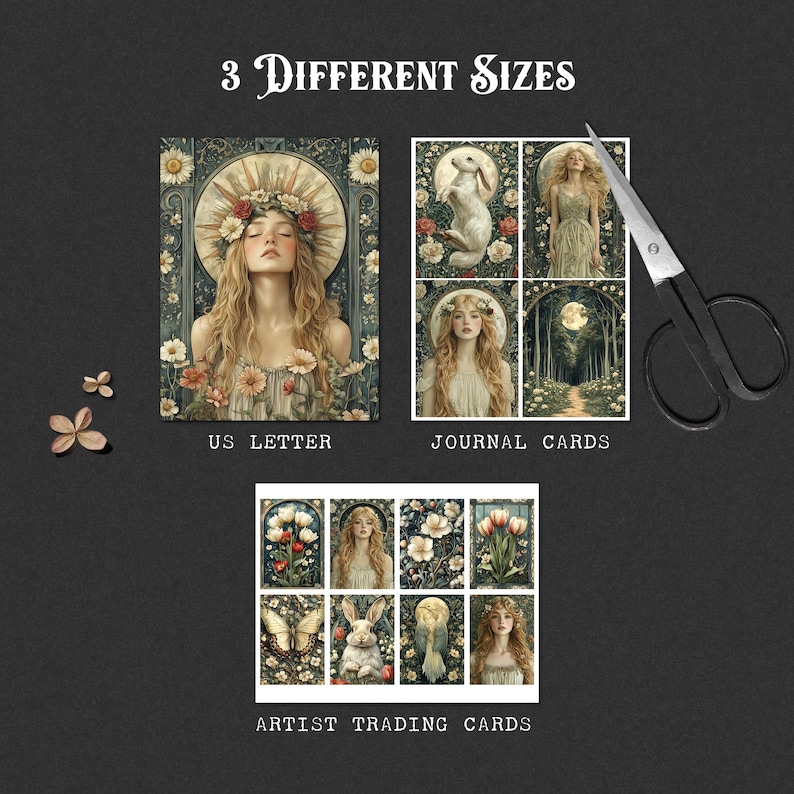 May include: Three different sizes of printable art featuring a woman with flowers in her hair and a moonlit forest. The text "3 DIFFERENT SIZES" is at the top of the image. The text "US LETTER", "JOURNAL CARDS", and "ARTIST TRADING CARDS" are below the images.