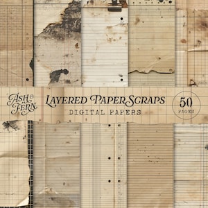 Puede incluir: Una colección de cincuenta papeles digitales con fragmentos de papel en capas de estética vintage. Las texturas incluyen hojas de registro rayadas, papel cuadriculado y papelería envejecida y manchada con el texto Ash & Fern Layered Paper Scraps.