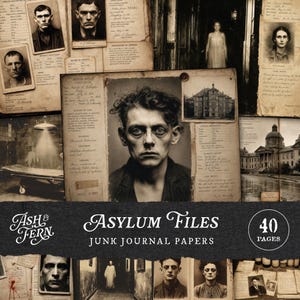 Puede incluir: Una colección de papeles para diario de estilo vintage con temática de asilo, que presenta retratos en tono sepia de individuos, imágenes arquitectónicas de edificios institucionales y registros médicos impresos con el texto Ash & Fern Asylum Files.