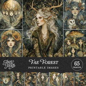 Pode incluir: Uma coleção de 65 imagens imprimíveis com tema de fantasia. As imagens apresentam retratos etéreos de mulheres com elementos florais e da floresta, incluindo chifres de veado e companheiros corujas. O título "Fae Forest" é exibido em uma escrita elegante.