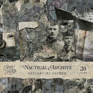 Sjökarta och skräpjournalpapper för fartyg, grungy vintage maritima efemera-sidor, utskrivbart collagekit med havsutforskare, digital nedladdning