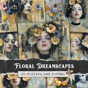Pages de journal indésirable pour dames surréalistes, feuille de collage technique mixte, fleurs pressées sur papier numérique, impressions artistiques fantaisistes, album bohème