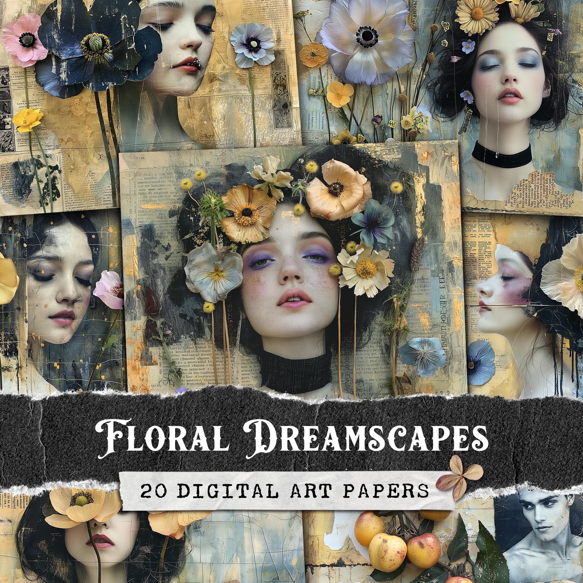 Surreal Ladies Junk Journal Pages, Mixed Media Collage Sheet, Pressed Flower Art Digital Paper, Whimsical Art Printables, Bohemian Scrapbook