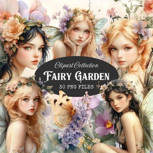 Collection de cliparts jardin féerique, fée fleur fantastique PNG, clipart fée florale Cottagecore, journal indésirable, collage, pêche et vert menthe