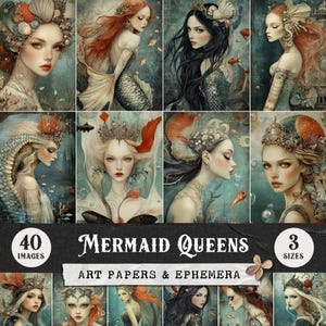 Pages de journal indésirable de la reine des sirènes, papiers numériques Ocean Fantasy, sirènes sous-marines éphémères, feuilles de collage Scrapbooking Clipart déesse de la mer