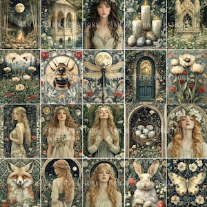 May include: A collage of 16 images featuring a whimsical, fairytale-like theme. The images include a moon, a bee, a dragonfly, a door, flowers, a fox, a rabbit, a butterfly, and several women with long flowing hair wearing floral crowns. The images are set against a backdrop of lush greenery and intricate details.