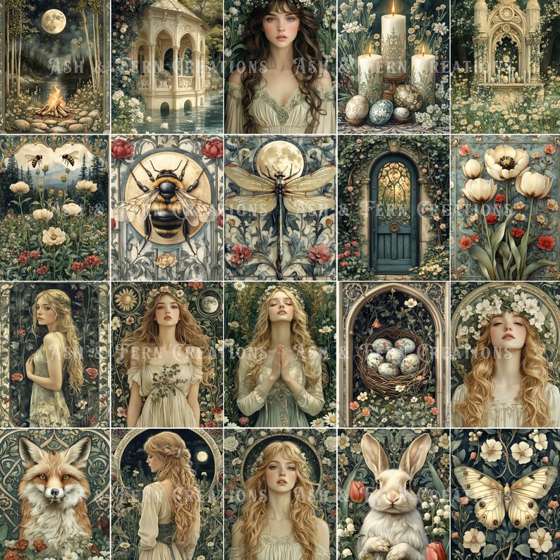 May include: A collage of 16 images featuring a whimsical, fairytale-like theme. The images include a moon, a bee, a dragonfly, a door, flowers, a fox, a rabbit, a butterfly, and several women with long flowing hair wearing floral crowns. The images are set against a backdrop of lush greenery and intricate details.