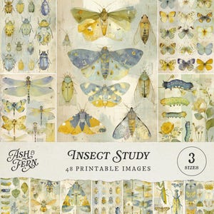 Puede incluir: Un collage de ilustraciones de insectos en acuarela, que incluye mariposas, polillas, escarabajos y libélulas. La obra de arte presenta una estética vintage con una paleta de colores suaves de amarillos, azules y verdes. El texto dice "Insect Study" y "48 Printable Images".