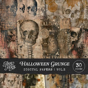 May include: A collection of digital papers featuring a Halloween grunge theme with skulls, anatomical hearts, and skeletal structures layered over vintage text and ink splatters in shades of brown, black, and cream, labeled Halloween Grunge Vol. 2.