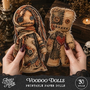 May include: Two handcrafted fabric dolls made of burlap and textured cloth. The left doll features dark yarn hair, button eyes, and stitched mouth details. The right doll has a square head, button eyes, and a red heart patch. Text reads: Ash & Fern Voodoo Dolls Printable Paper Dolls 30 Dolls.