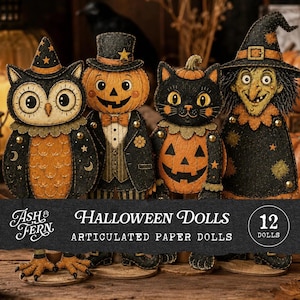 Op de afbeelding: Een set van twaalf beweegbare papieren poppen met Halloween-figuren, waaronder een uil met een sterrenhoed, een pompoenfiguur met een hoge hoed, een zwarte kat met een pompoenlichaam en een heks met een puntmuts, met de tekst Ash & Fern.