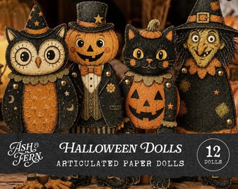 Articulated Halloween Paper Dolls Printable, Vintage Halloween Crafts for Kids, 12 Movable Dolls, Cat Ghost Pumpkin Junk Journal Ephemera
