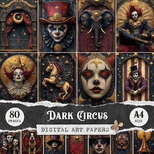 Dark Circus Junk Journal Pages, Vintage Gothic Carnival Theme Printable Digital Paper Pack, Creepy Clown Scrapbook Images, Fantasy Digitals