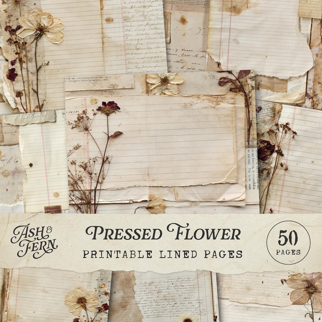 Pressed Flower Printable Lined Pages, Neutral Botanical Writing Paper, Vintage Letters Jun
