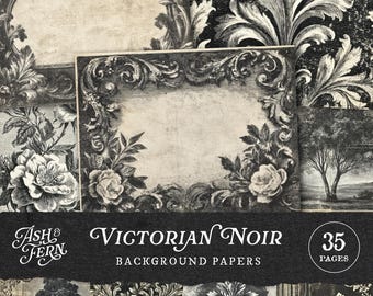 May include: Victorian Noir background papers with floral and ornamental designs in black and white. The image includes frames, roses, and a tree illustration. The text reads "Victorian Noir Background Papers" and "35 Pages".