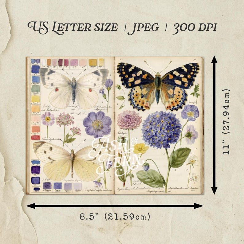 Vintage Schmetterling Studie druckbare Junk Journal Seiten, botanische Insekt Collage Papiere, florale Natur Ephemera für Scrapbooking & Crafts JPG Bild 14