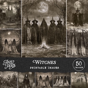 May include: A digital collection of 50 printable images featuring dark, sepia-toned illustrations of witches, hooded figures, and gothic landscapes under full moons. The text Ash & Fern, Witches, and 50 Images is displayed on the dark banner.