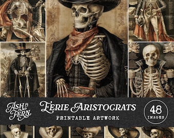 Gotyckie portrety szkieletów, obrazy sztuki halloweenowej w stylu vintage, upiorne, mroczne, akademickie materiały do druku w dzienniku śmieci, makabryczne, antyczne cliparty anatomiczne w formacie JPG
