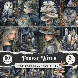 Páginas de diario basura de Forest Witch, ilustraciones de arte místico de brujas, papel digital, hojas de collage de álbumes de recortes, páginas de efímeras mágicas, tarjetas ATC