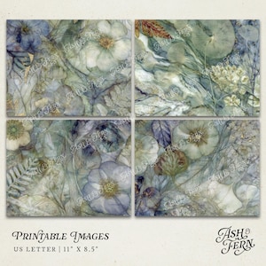 May include: Four-panel print featuring watercolor floral and botanical illustrations in shades of blue, green, and cream. The text "Printable Images" and "US Letter | 11" x 8.5"" are at the bottom. The Ash & Fern logo is in the bottom right corner.