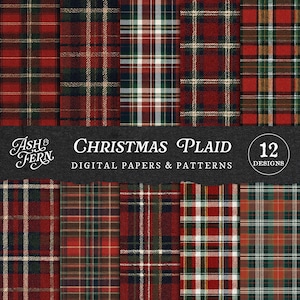 May include: A selection of 12 digital paper designs with Christmas plaid patterns. The designs feature red, green, white, and brown in traditional plaid arrangements. The image includes the text "Christmas Plaid" and "Digital Papers & Patterns".