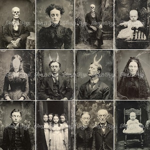 Pu&ograve; includere: Un collage di dodici fotografie in bianco e nero in stile vintage che ritraggono individui e gruppi con caratteristiche inquietanti, soprannaturali o scheletriche, il tutto sovrapposto con la filigrana Ash & Fern sulle immagini.