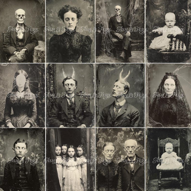 Pu&ograve; includere: Un collage di dodici fotografie in bianco e nero in stile vintage che ritraggono individui e gruppi con caratteristiche inquietanti, soprannaturali o scheletriche, il tutto sovrapposto con la filigrana Ash & Fern sulle immagini.