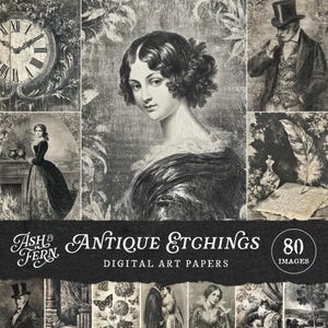 May include: A collage of antique etchings in grayscale, featuring portraits, a clock, and other vintage illustrations. The text "Antique Etchings" and "Digital Art Papers" is displayed, along with "80 Images". The overall theme is vintage art and ephemera.