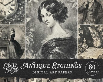 Antique Etching Style Digital Junk Journal Kit, Romantic Victorian Illustrations, Engraved Ephemera Bundle, Vintage Dark Academia Images