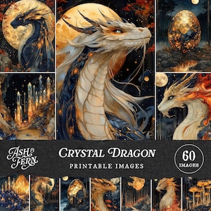 Könnte beinhalten: Eine Sammlung digitaler Kunstdrucke mit Fantasy-Drachen in verschiedenen Posen und Umgebungen. Die Kunstwerke zeigen detaillierte Drachen vor Monden, Wäldern und Kristalllandschaften. Der Titel "Crystal Dragon Printable Images" ist zu sehen.
