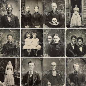 Pu&ograve; includere: Una collezione di dodici fotografie in bianco e nero in stile vintage che ritraggono individui e coppie in abiti formali, alcuni con tratti scheletrici o teschi, tutte sovrapposte con la filigrana Ash & Fern.
