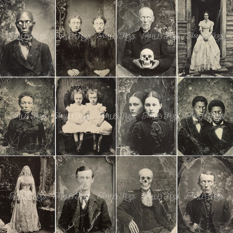Pu&ograve; includere: Una collezione di dodici fotografie in bianco e nero in stile vintage che ritraggono individui e coppie in abiti formali, alcuni con tratti scheletrici o teschi, tutte sovrapposte con la filigrana Ash & Fern.
