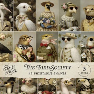 May include: A collection of 12 images depicting birds in human attire, including spectacles, hats, and jewellery. The images are from "The Bird Society" and include the text "48 Printable Images". The birds are dressed in vintage clothing.