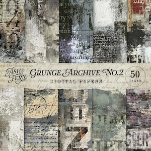 Puede incluir: Una colección de 50 papeles digitales titulada Ash & Fern Grunge Archive No.2, que presenta texturas desgastadas, tipografía superpuesta, escritura antigua, salpicaduras de tinta abstractas y efectos de papel envejecido en tonos negro, gris, blanco y marrón.