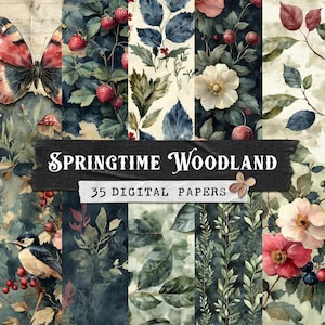 Springtime Woodland Digital Paper: Floral Bird Junk Journal (Digital Download)